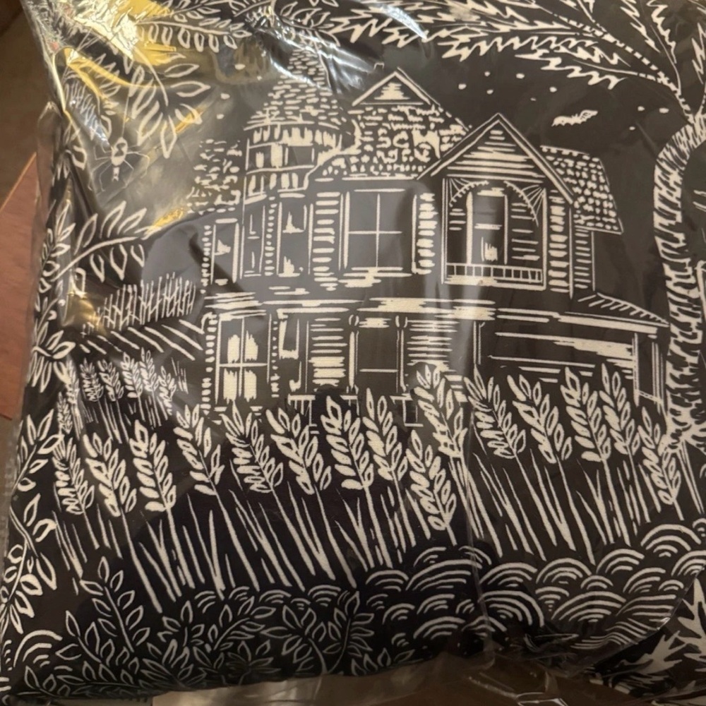Pottery Barn Black and White Decorative Pillow with Scenic House Halloween print